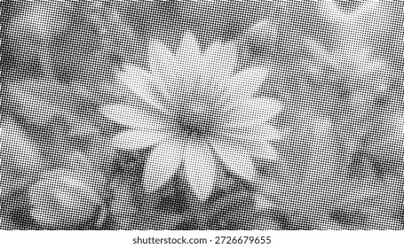 Uma imagem de meio-tom arrojada de uma flor tipo margarida em preto e branco, transmitindo calma, beleza natural e textura artística. Ideal para projetos de natureza, design e vintage stock
