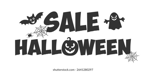 Bold Halloween sign showcases playful designs like bats and pumpkins alongside text announcing a special sale. Perfect for attracting attention during the festive season.