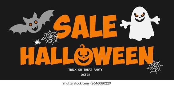 Bold Halloween sign showcases playful designs like bats and pumpkins alongside text announcing a special sale. Perfect for attracting attention during the festive season.