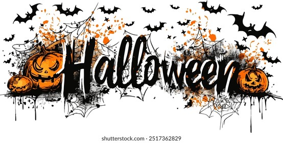 Bold "Halloween" type in a scary style with spider webs, pumpkins and bats. White background