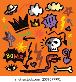 Bold hand drawn abstract doodle icons featuring crowns, skull, and various symbols, isolated on an orange background for creative designs