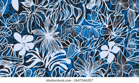 A bold hand drawn brush lines botanical pattern in white and blue outlines on a black background, showcasing an intricate mix of flowers and leaves.Simple abstract natural elements for textile