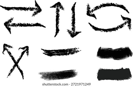 Flechas curvas dibujadas a mano y punteros direccionales, símbolos de movimiento de tinta gruesa incompleta para el diseño.