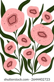 Bold hand drawn floral illustration with pink abstract flowers and dark green leaves.