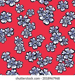 Bold hand drawn floral pattern with blue and white flowers on coral red background, loose style.