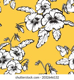 Bold hand drawn floral pattern with bouquets of  black and white pansy flowers on yellow background. 2 colors repeat. Sketchy style.
