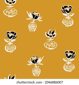 Bold hand drawn floral pattern with oriental chinese style vases and flowers on mustard dark yellow background.