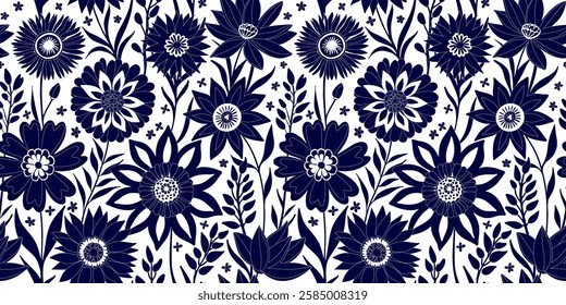 A bold hand drawn floral pattern in deep blue, featuring fantasy flowers, creating a boho chic vibe on a white background. Ideal for fashion, home decor, textiles, packaging, stationery.