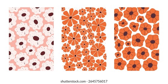 Bold hand drawn floral patterns in retro style. Set of three blooming designs featuring poppy-like flowers in orange and blush tones with textured grain effect. Perfect for textile, packaging