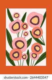 Bold hand drawn floral poster with playful circular flowers in warm tones.