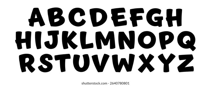 Bold hand drawn font alphabet, vector design. Black lettering illustration, strong and thick style.