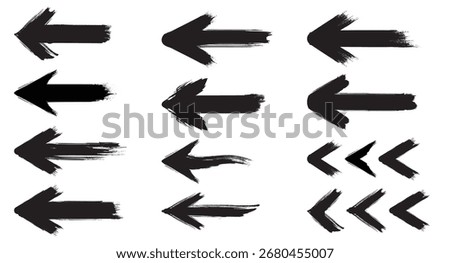 Bold Hand drawn grunge arrow collection vector isolated brush strokes, black arrows vector set, Straight and thick directional arrow symbols set
