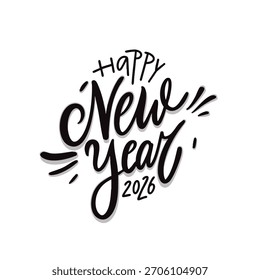 Letras de feliz año nuevo 2026 dibujadas a mano con trazos dinámicos y acentos festivos. Caligrafía moderna y energética para tarjetas de temporada, carteles y marcas navideñas.