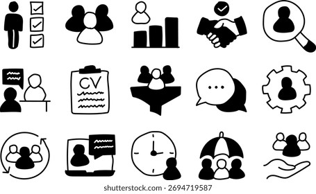 Bold Hand Drawn Human Resources Icon Pack for Recruitment, Management, and Corporate Teamwork Design