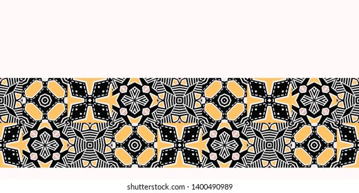 Bold hand drawn patchwork quilt geo. Vector border pattern seamless background. Symmetry geometric abstract illustration. Trendy retro 1960s style home decor banner, decorative fashion trim mosaic 