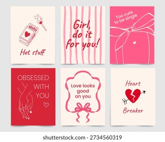 Un audaz conjunto de carteles de San Valentín y amor propio dibujados a mano con citas modernas y descaradas. Caprichosos corazones de garabatos y Elementos románticos en colores rojos y rosados. Perfecto para tarjetas, impresiones y redes sociales.