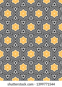Bold hand drawn star flower quilt. Vector pattern seamless background. Symmetry geometric celtic knot illustration. Trendy retro 1960s style home decor, decorative fashion print, black yellow paper