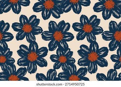Kühne Hand gemalt florale Muster nahtlos mit marineblauen Blumen und Rost orange Zentren auf beigem Hintergrund künstlerischen Pinsel-Stil für Textil-Gewebe Tapete Oberflächendesign.