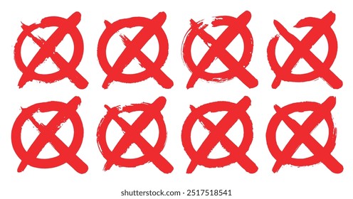 Bold hand painted red X cross mark inside a circle rough brush strokes, disapproval, choice, mistake, error, cancel incorrect symbol.