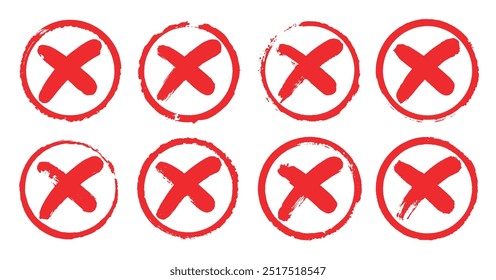 Fette Hand gemalt rotes X-Kreuz innerhalb eines Kreises raue Pinselstriche, Missbilligung, Auswahl, Fehler, Fehler, Abbrechen falsches Symbol.