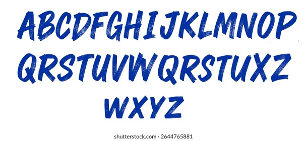 Bold hand-drawn brush alphabet vector illustration. Uppercase A–Z letters in expressive, artistic navy brushstroke style with textured, grunge effect