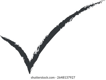 Um símbolo de marca de seleção em negrito desenhado à mão em cinza escuro, renderizado com um efeito de pincelada texturizado. Este elemento gráfico é isolado em um fundo branco limpo, perfeito para significar aprovação