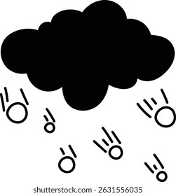 Uma nuvem ousada e desenhada à mão é representada com pedras redondas de granizo caindo abaixo.  Uma nuvem de tempestade escura e irregular libera esferas geladas no chão em um estilo simples e icônico. Ilustração de vetor de desenhos animados