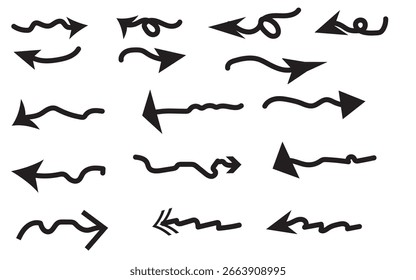 Bold hand-drawn curved arrows set. Artistic and wavy sketch arrows in various styles, ideal for infographics, presentations, or creative vector design projects and visual directions.

