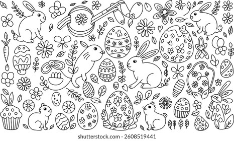 Bold Hand-Drawn Easter and Spring Line Art - Minimalist Black Doodle Illustrations with Bunnies, Eggs, Flowers