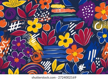 Patrón floral dibujado a mano audaz con colores vibrantes y detalles de estilo popular sobre un fondo oscuro, perfecto para telas y decoración modernas