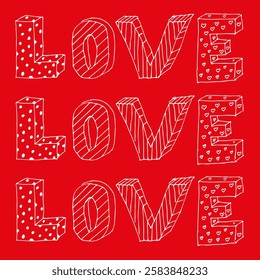Bold, hand-drawn "LOVE" text with patterns like polka dots and hearts, set against a vibrant red background. Perfect for Valentine's Day and romantic designs.  