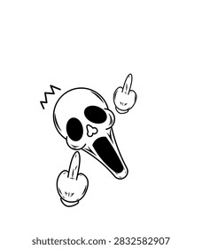 A bold, hand-drawn vector illustration of a cartoon skull with an open mouth expression, showing a single or double middle finger hand gesture. This edgy and provocative design is perfect for streetwear, punk aesthetics, rebellion-themed designs, and subversive graphics.