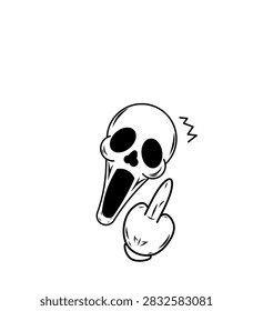 A bold, hand-drawn vector illustration of a cartoon skull with an open mouth expression, showing a single or double middle finger hand gesture. This edgy and provocative design is perfect for streetwear, punk aesthetics, rebellion-themed designs, and subversive graphics.