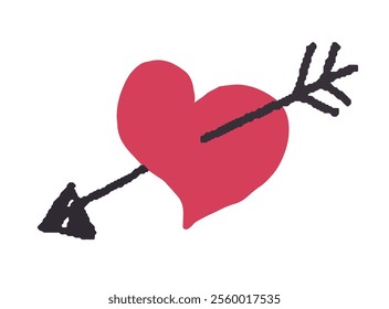 Bold hand-drawn vector illustration of a red heart pierced with a black arrow, isolated on white background. Perfect for Valentines Day or romantic projects.