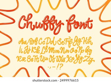 Bold Handwritten Alphabet, Cartoon Chubby Font. Red and yellow typeface with uppercase, lowercase letters and punctuation on a wavy background. Rounded calligraphy signature. Vector Illustration.