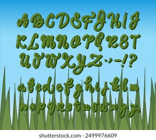 Bold Handwritten Alphabet, Cartoon Curves Font. Green grass font with uppercase, lowercase letters and punctuation on blue sky background. Rounded shiny calligraphy signature. Vector Illustration.