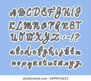 Bold Handwritten Alphabet, Cartoon Curves Font. Gray font with uppercase, lowercase letters and punctuation on blue background. Rounded calligraphy signature. Retro script. Vector Illustration.