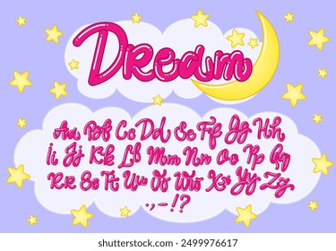 Bold Handwritten Alphabet, Glossy Dream Font. Magenta font with uppercase, lowercase letters and punctuation. Background with clouds, stars and moon. Rounded calligraphy signature. Vector illustration