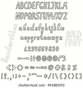 Bold handwritten font invert. The set of numbers of uppercase and lowercase letters punctuation marks and arrows.