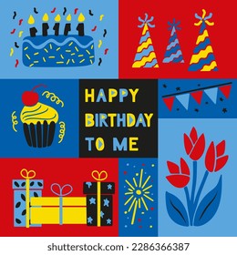 Frohes Geburtstagskrevektor-Konzept. Handgezeichnete Elemente für Geburtstagsfeier im minimalistischen Stil Ideal für Social Media, Grafikplakat, Postkarte, Hintergrund, Druck, Stoffmuster, Abdeckung