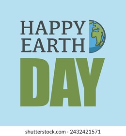 Bold 'Happy Earth Day' typography, vector illustration, with Earth icon on blue, for eco-awareness campaigns and promotions