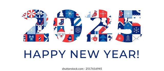 Bold Happy New Year 2025 Typography with festive patterns inside each letter. Red, blue, white color. Holiday cards, banners, seasonal decorations, joyful spirit of Christmas. Flat style design