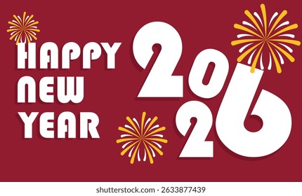 Bold Happy New Year 2026 ontwerp in rood en oranje verloop op een donkerrode achtergrond met elegant script lettertype en gouden vuurwerk. Feestelijke en moderne Nieuwjaar wenskaart. Vectorillustratie.