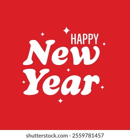 Bold Happy New Year Text Typography Vector Art Illustration with Red Background and Festive Accents for Posters, Greeting Cards, Celebration Design