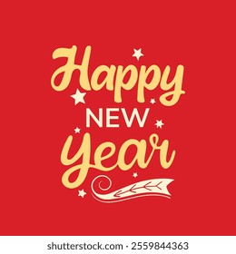 Bold Happy New Year Text Typography Vector Art Illustration with Red Background and Festive Accents for Posters, Greeting Cards, Celebration Design