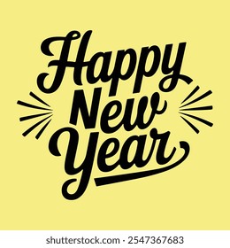 Tipografía de feliz año Nuevo en negro sobre amarillo claro con líneas decorativas.
