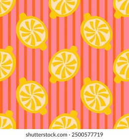 Bold happy rough lemon citrus fruits on retro 1960s orange with vertical pink stripes gs