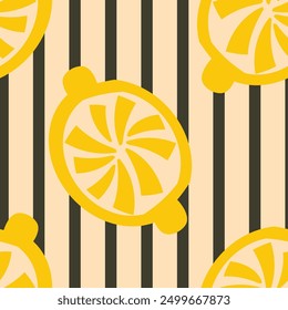 Bold happy rough yellow lemon citrus fruits on retro 1960s beige with vertical black stripes