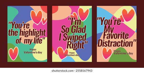 Bold Heart Valentine Templates with Modern Pastel Backgrounds. A set of Valentine’s Day greeting card with sample text, red hearts and abstract backgrounds templates vector illustration. 