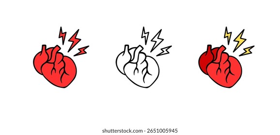 Bold hearts in red and black with lightning symbols convey strong emotions. some are outlined, others filled.